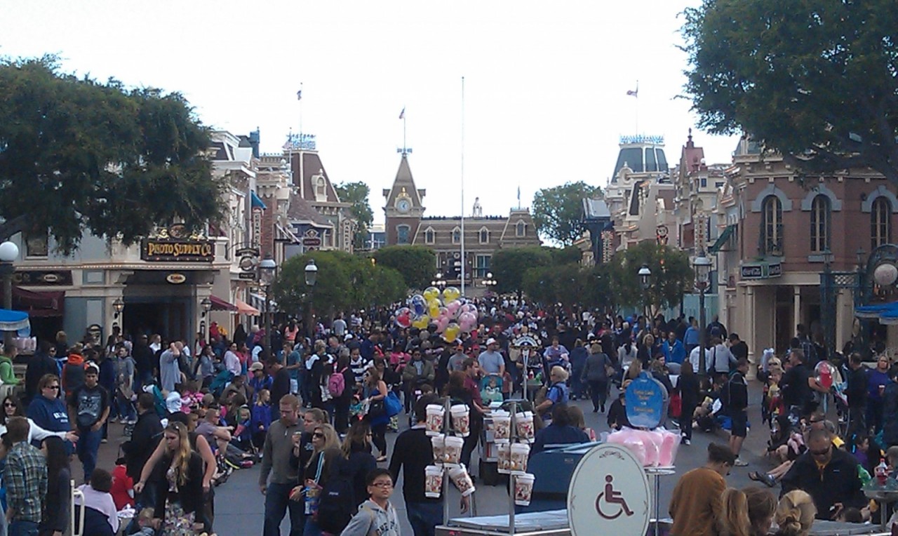 A look down a fairly crowded Main Street USA