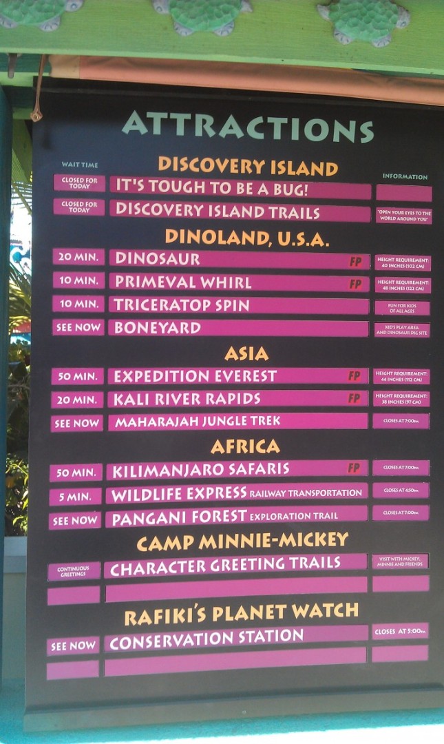 Current AK wait times. Noticed the trails near the tree and Tough to Be a Bug are still closed.