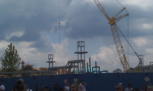 Fantasyland is moving along.  Here you can see the new wall taking shape and the Mine Coaster supports.