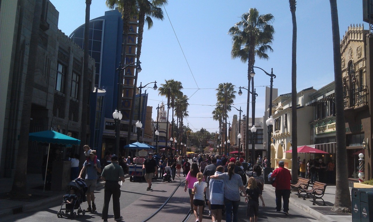 Overhead cables for the Red Car are installed along Hollywood Blvd and Buena Vista Street.