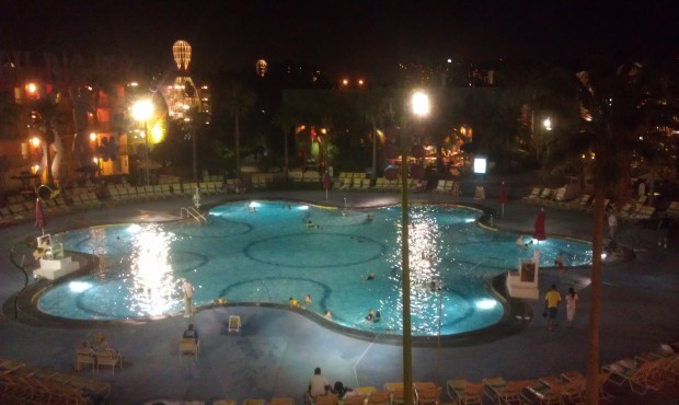Thanks to the warm evening the pool is alive with activity at Pop Century