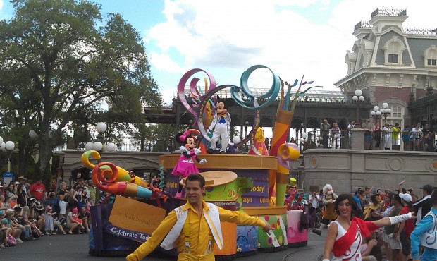 The Magic Kingdom parade moving through Town Square.