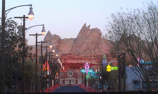 A great view this evening down Route 66 in Cars Land as the sun is setting and neon is on.