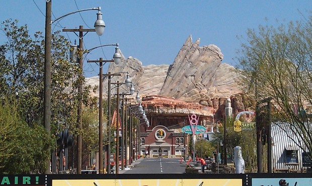 A look down Route 66 of Cars Land.  Notice the street light and wires are in.