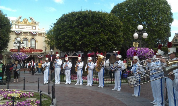 The Disneyland band has arrived to start the nightly flag retreat.