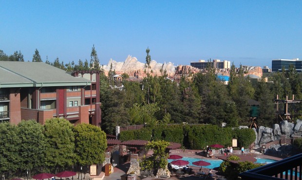 #CarsLand makes for a great back drop from this terrace that overlooks the Grand Califirnian pools.