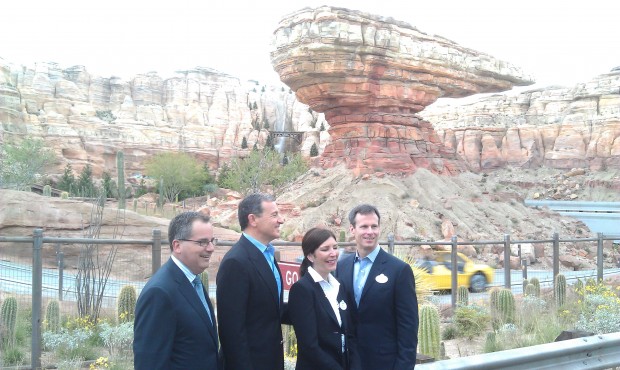 The Bob Iger, Tom Staggs, Meg Crofton, and George  Kalogridis stopped to take in the view of the Racers