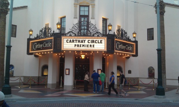 The Carthay Circle Marquee is all lit up this