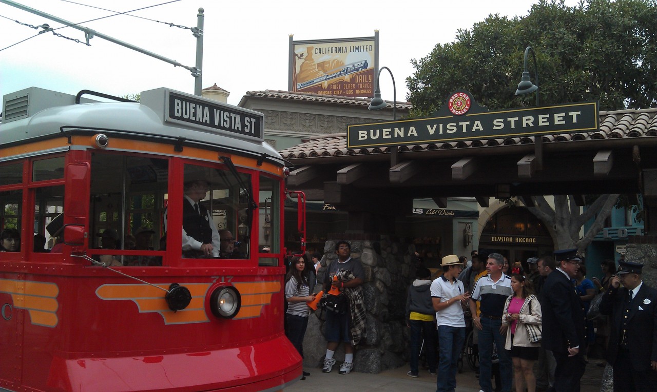 The Red Car Trolley pulling into the station at the end of BuenaVistaStreet
