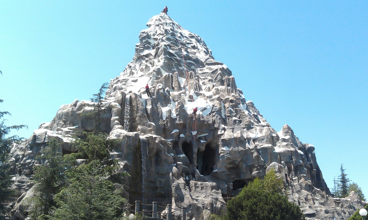 Climbers on the Tomorrowland facing side of the Matterhorn this afternoon.