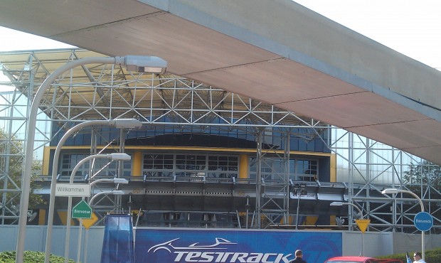 The current state of Test Track, they are working on the entrance area this morning.