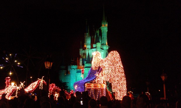 MSEP finale float passing by.  Mickey and Minnie were walking ahead of it.