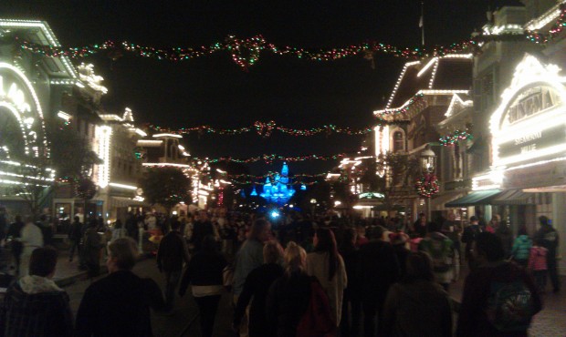 A look at Main Street USA this evening with the Christmas lights on