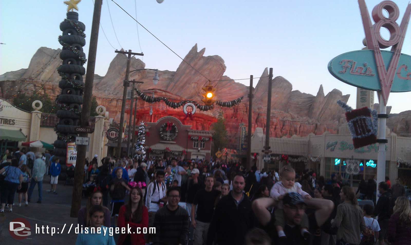 Hanging out on Route 66 in CarsLand waiting for the nightly lighting