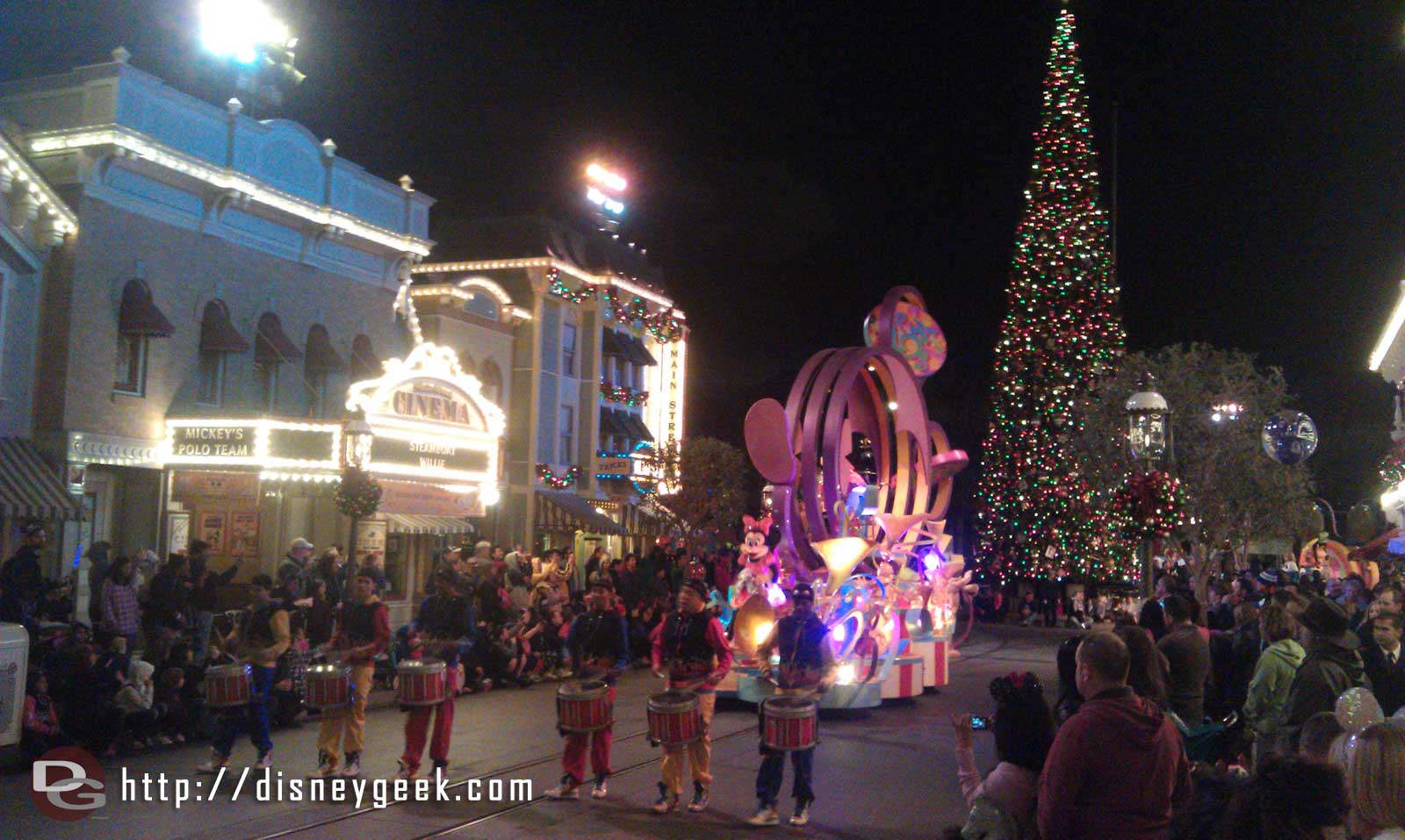 Soundsational making its way down Main Street with the Christmas tree in the background.