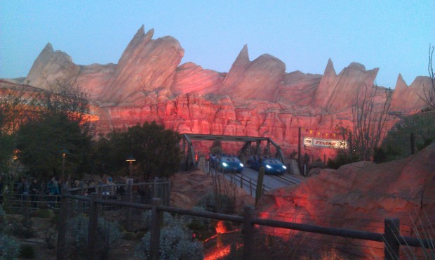 The Radiator Springs Racers as the sun is setting this evening in #CarsLand