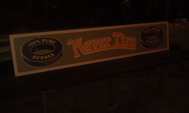 Never Tire benches near the Flying Tires