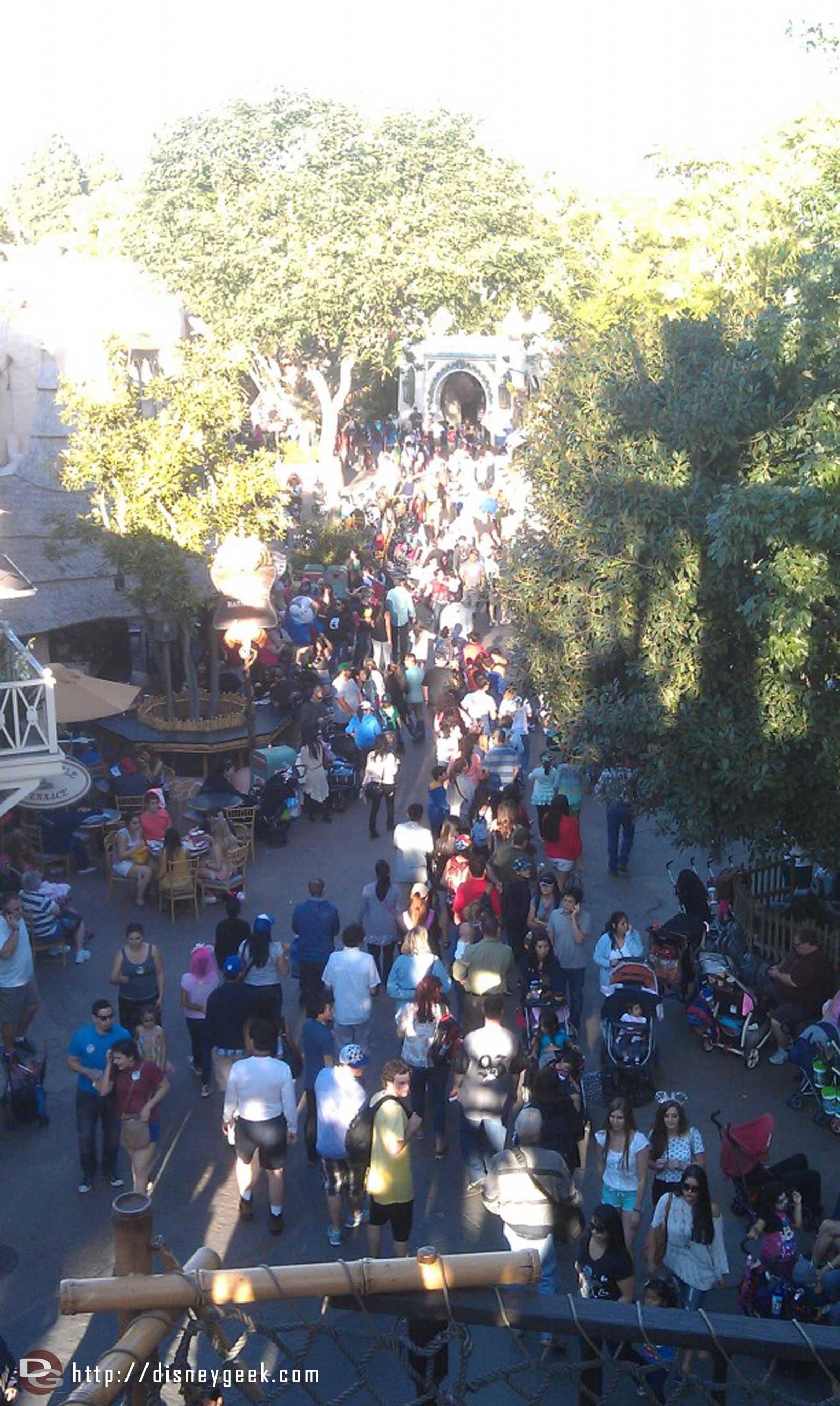 A look down at a busy Adventureland from Tarzan's Treehouse