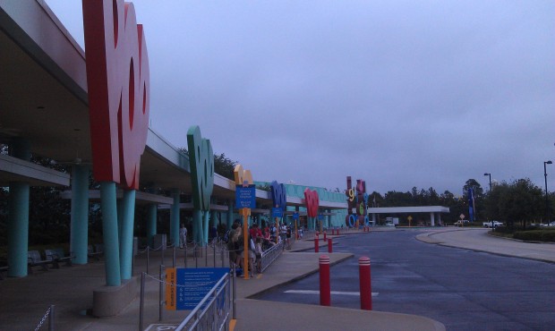 Another cool and cloudy morning at the Pop Century bus stop