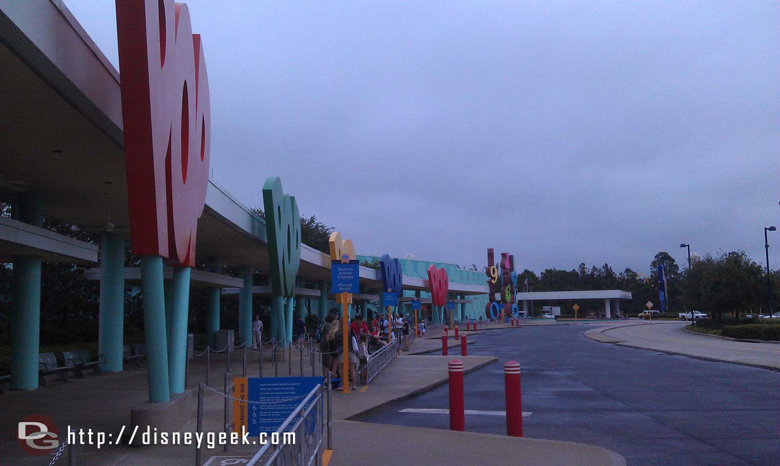 Another cool and cloudy morning at the Pop Century bus stop
