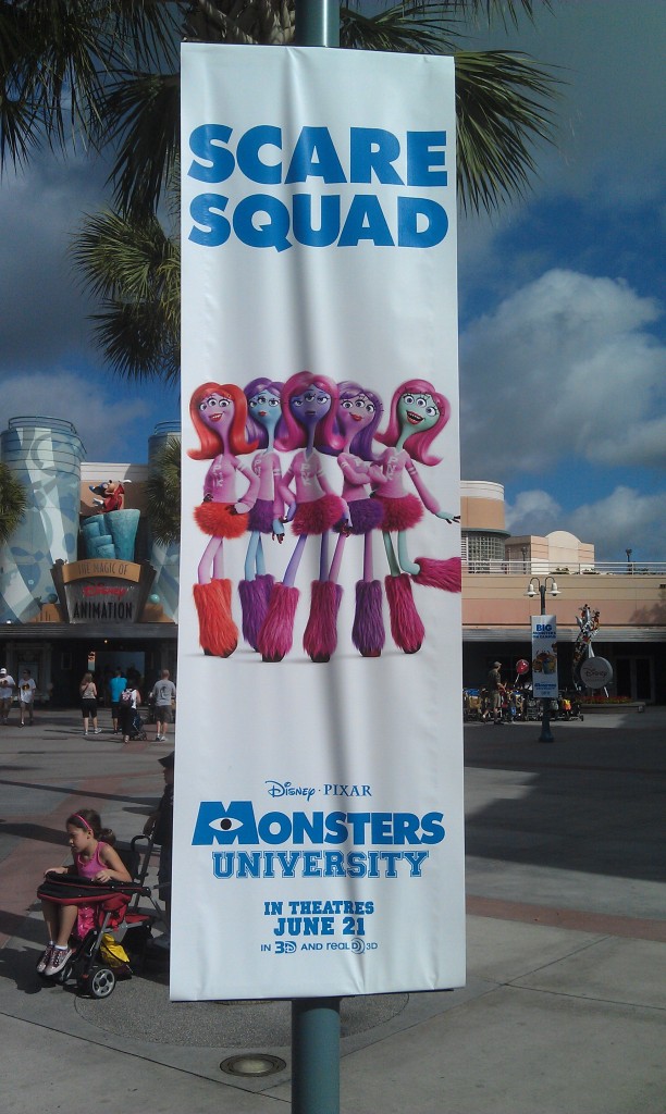 Monsters University banners in the Animation Courtyard