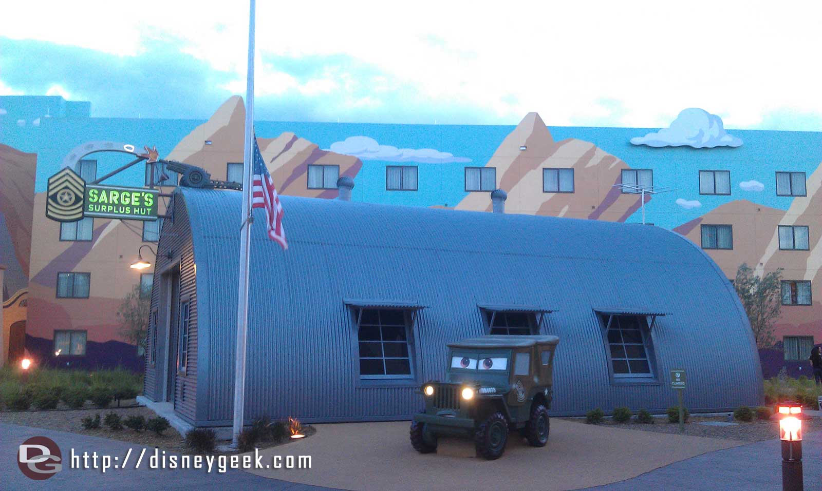 Sarge out by his Surplus Hut. Notice the flag is at half staff today.