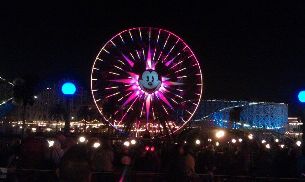 Waiting for World of Color, Mickey's Fun Wheel across Paradise Bay