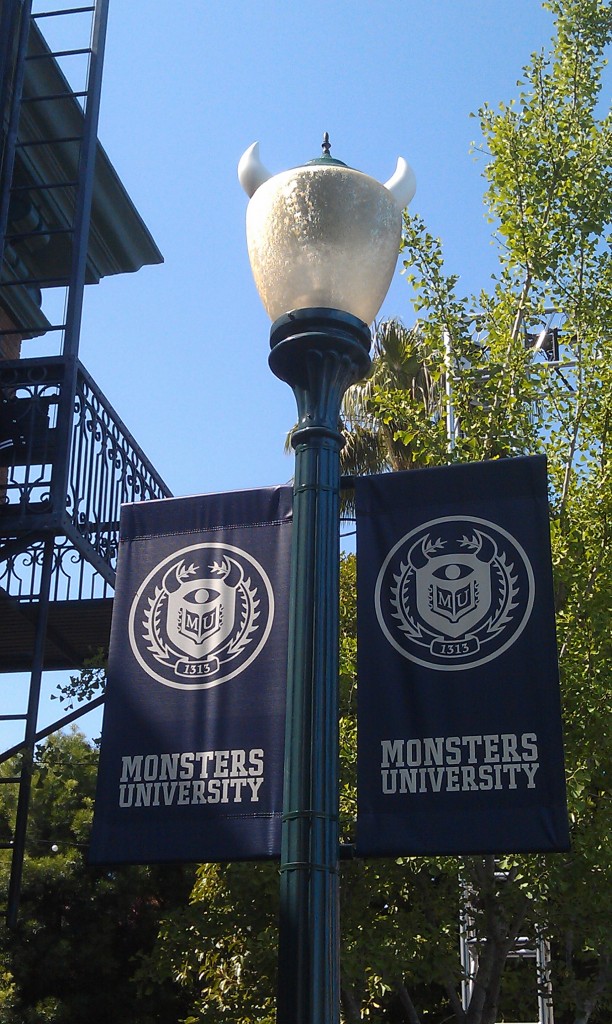 A couple banners for Monsters University, notice the light post