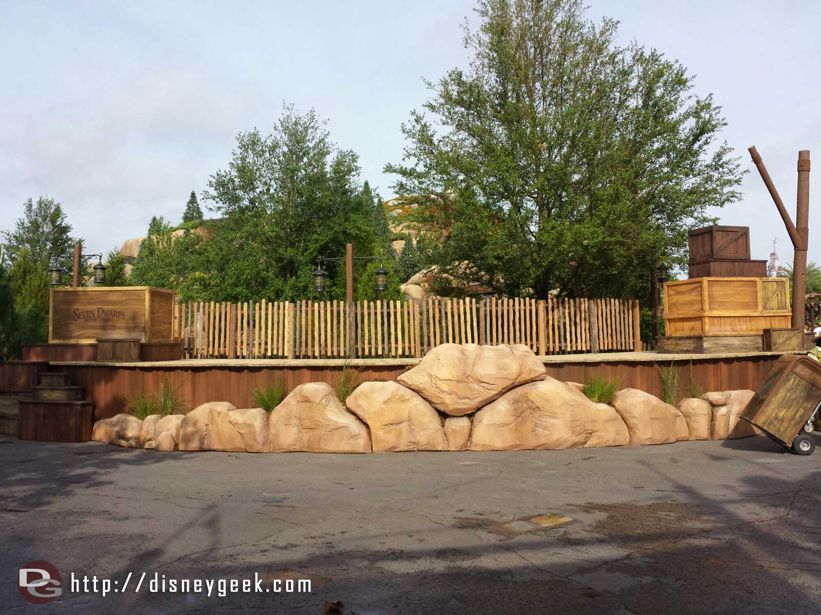 A stage set up opposite Storybook Circus for the Seven Dwarfs Mine Train, assuming for the media event later this week.