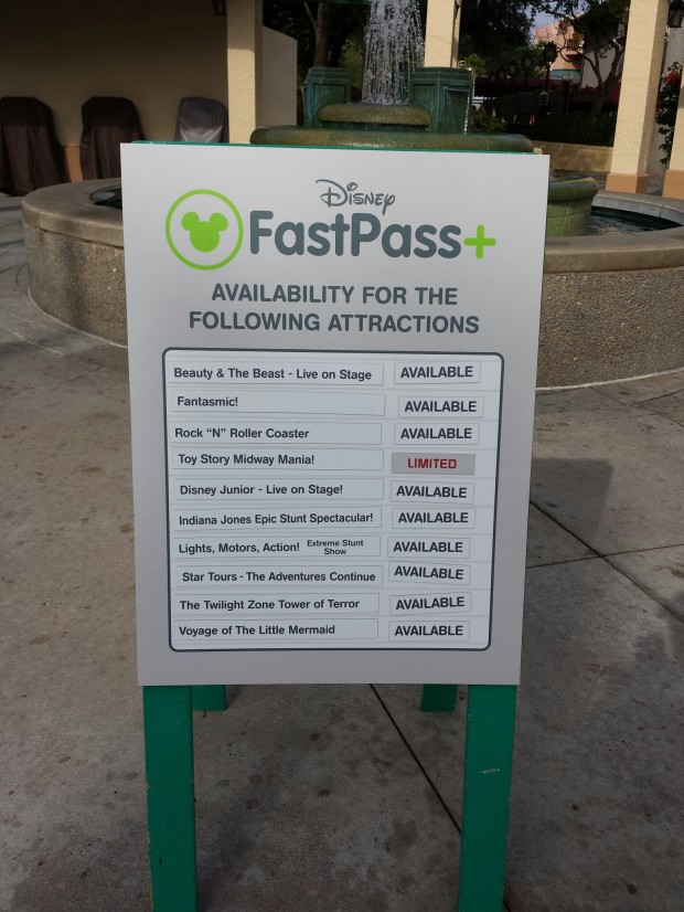 A FastPass+ availability board at the Disney's Hollywood Studios