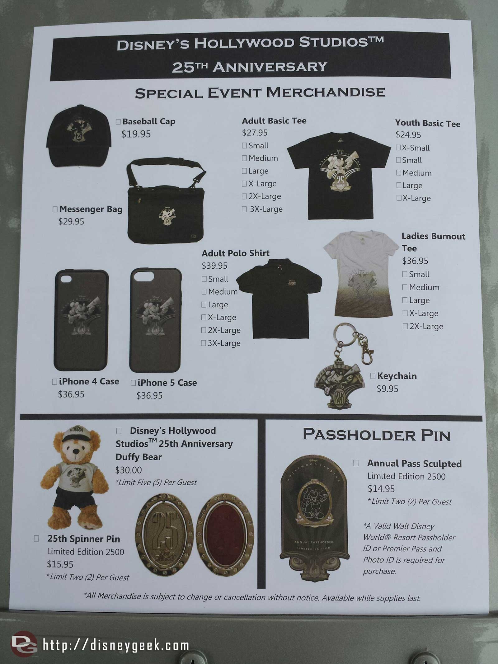 A flyer with some of the 25th Anniversary merchandise