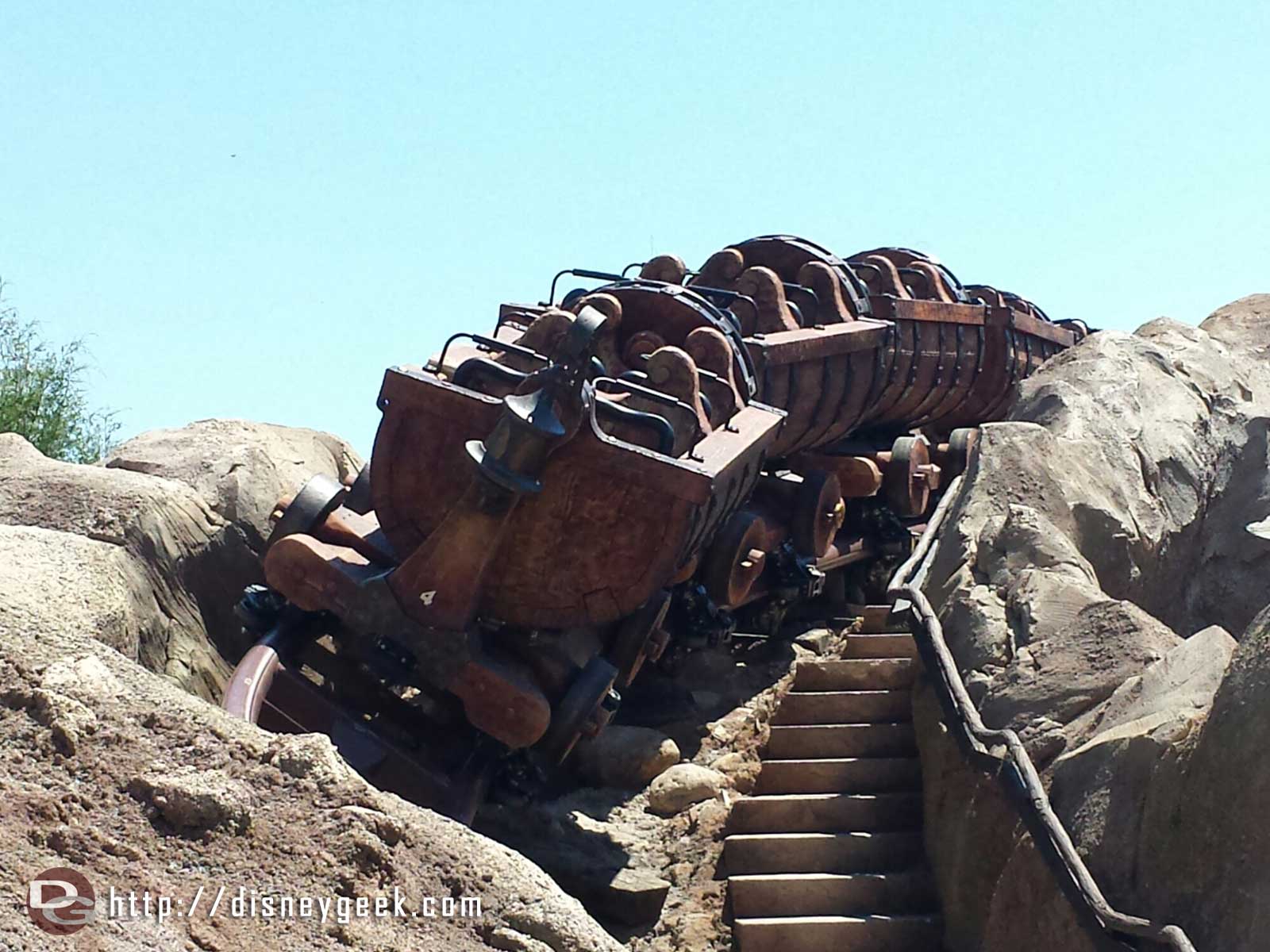The Seven Dwarfs Mine Train opens May 28th. Today they were cycling some empty trains