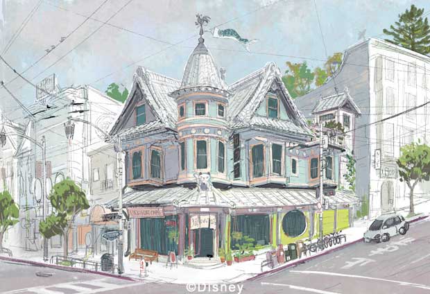 "BIG HERO 6" – (Progression Image 2 of 3) Artists transformed the real-life inspiration to create concept art for the design of Aunt Cass's Cafe. Drawing by Scott Watanabe. ©2014 Disney. All Rights Reserved.
