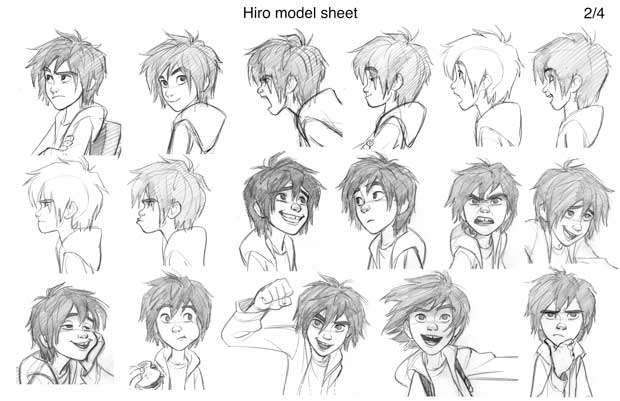 "BIG HERO 6" – Animators use character model sheets like this one of Hiro Hamada as a guideline that showcases the character’s range of facial expression. Drawings by Jin Kim. ©2014 Disney. All Rights Reserved.