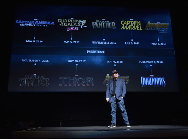 LOS ANGELES, CA - OCTOBER 28:  President of Marvel Studios Kevin Feige onstage during Marvel Studios fan event at The El Capitan Theatre on October 28, 2014 in Los Angeles, California.  (Photo by Alberto E. Rodriguez/Getty Images  for Disney) *** Local Caption *** Kevin Feige