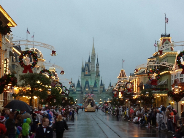 A gloomy afternoon/evening at the Magic Kingdom as the Festival of Fantasy Parade makes its way up Main Street USA.  Note: No Christmas tree in Town Square yet due to the Christmas Parade taping going on this week.