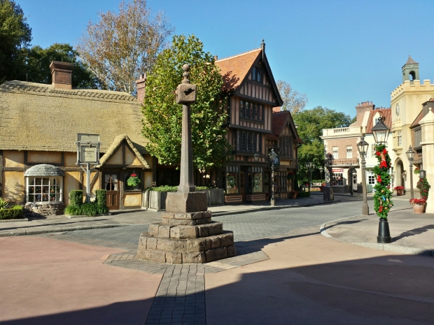 A quiet United Kingdom pavilion in the World Showcase at Epcot.