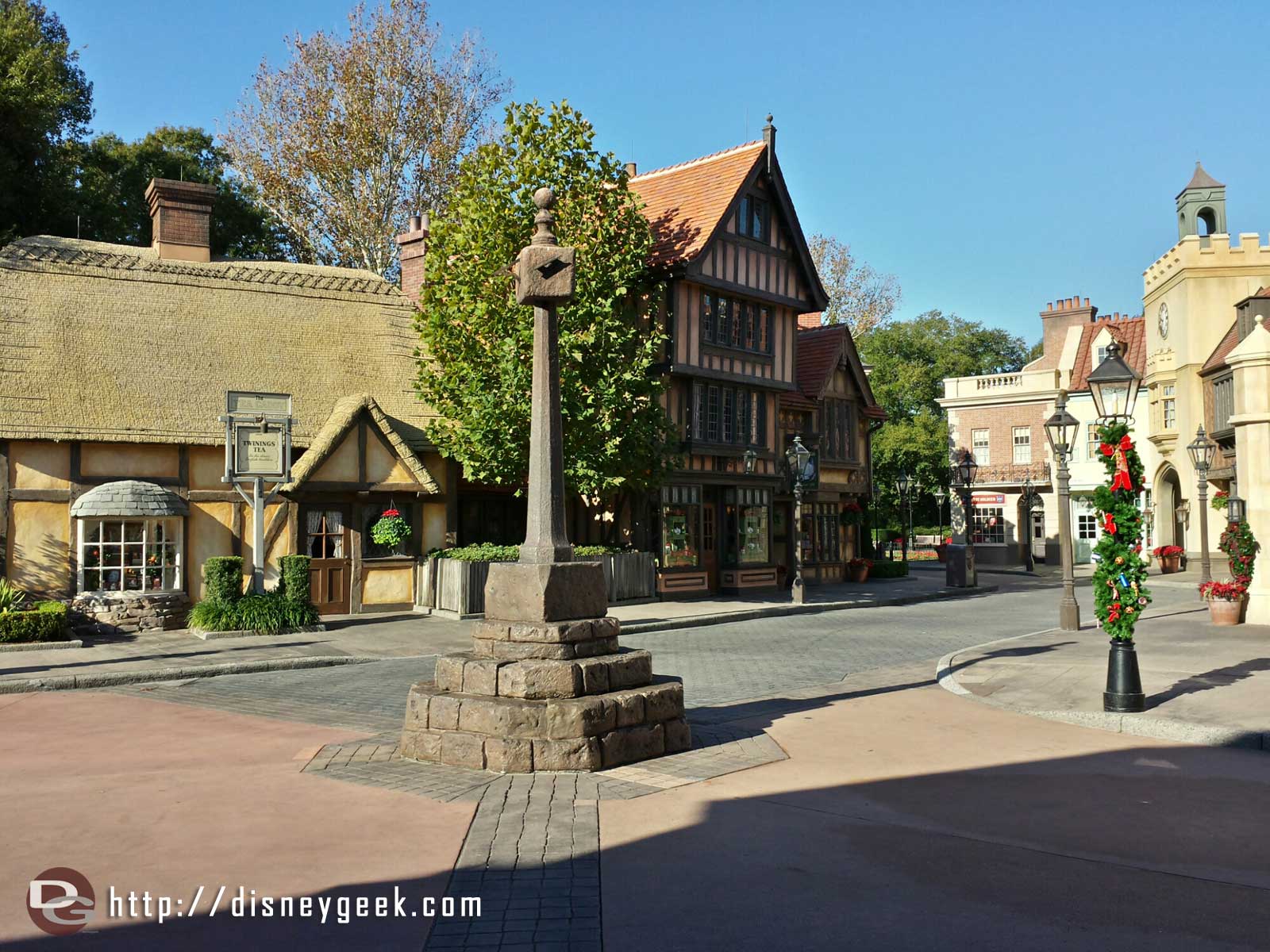 A quiet United Kingdom pavilion in the World Showcase at Epcot.