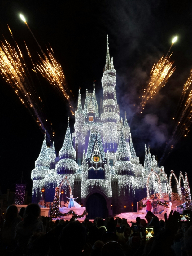 Cinderella Castle right after the lights were turned on this evening.