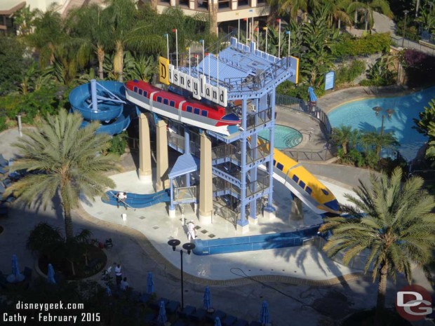 Finishing touching being applied to the Monorail Pool slides at the Disneyland Hotel as they prepare to reopen after a refurbishment