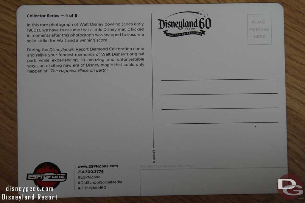 ESPN Zone Disneyland 60 Commemorative Postcard