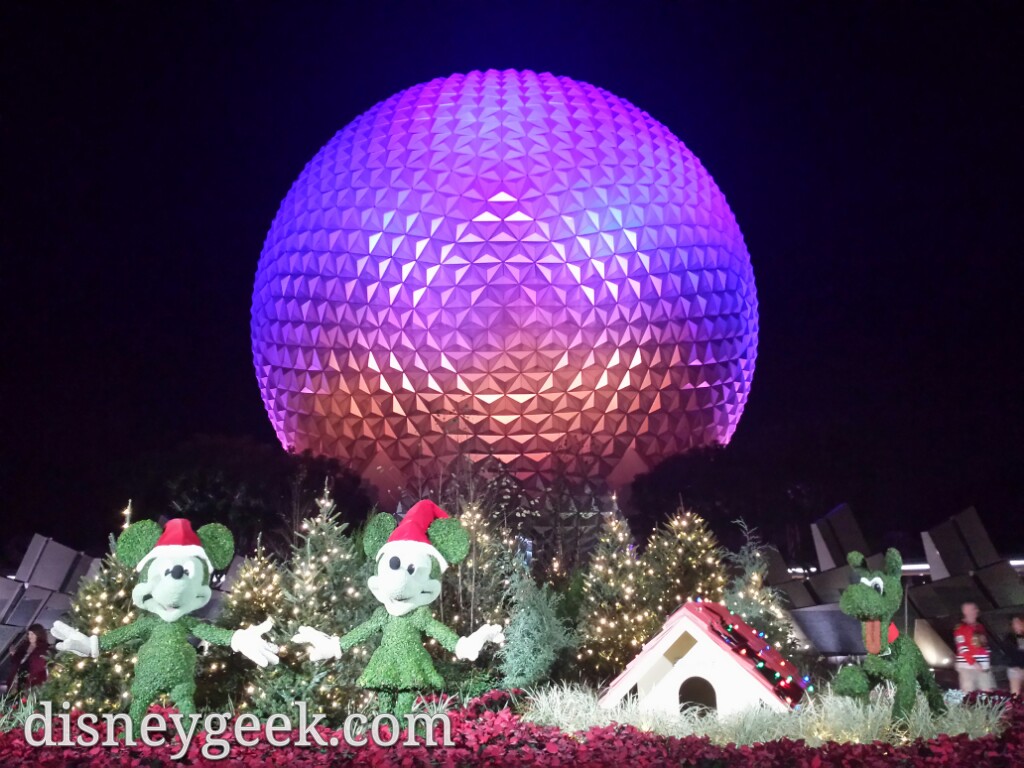 Topiaries & Spaceship Earth from the front of the park