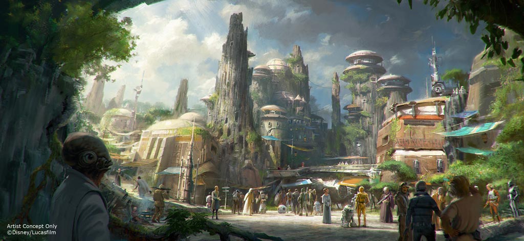     Star Wars-Themed Lands Coming to Disney Parks - Walt Disney Company Chairman and CEO Bob Iger announced at D23 EXPO 2015 that Star Wars-themed lands will be coming to Disneyland Park in Anaheim, Calif., and Disney's Hollywood Studios in Orlando, Fla., creating Disney's largest single-themed land expansions ever at 14-acres each, transporting guests to a never-before-seen planet, a remote trading port and one of the last stops before wild space where Star Wars characters and their stories come to life. These authentic lands will have two signature attractions, including the ability to take the controls of one of the most recognizable ships in the galaxy, the Millennium Falcon, on a customized secret mission, and an epic Star Wars adventure that puts guests in the middle of a climactic battle. (Disney Parks) 
