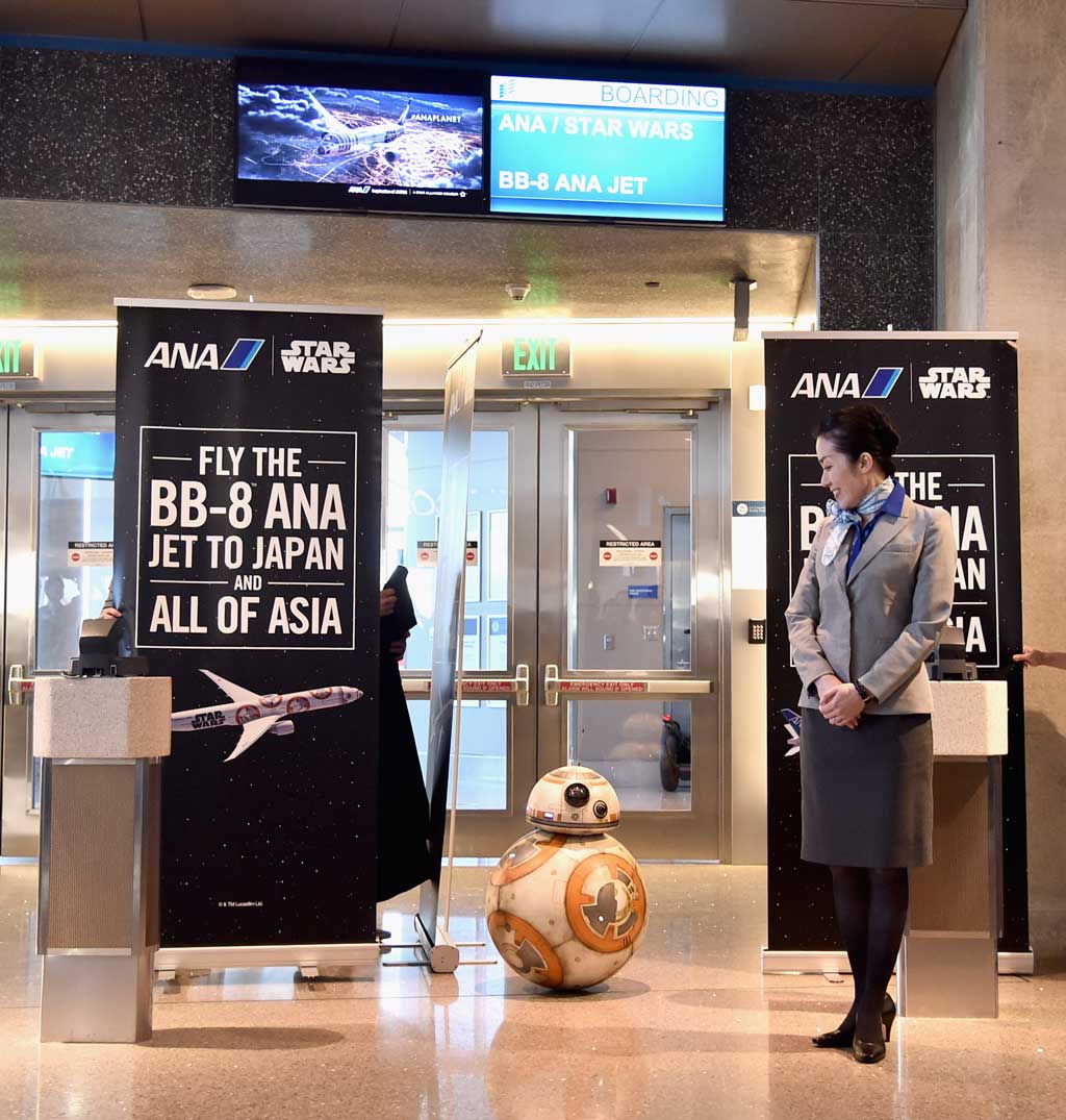 LOS ANGELES, CALIFORNIA - MARCH 28:  ANA's BB-8 themed jet lands in Los Angeles in celebration of in-home release of STAR WARS: THE FORCE AWAKENS on March 28, 2016 in Los Angeles, California.  (Photo by Alberto E. Rodriguez/Getty Images for Disney)