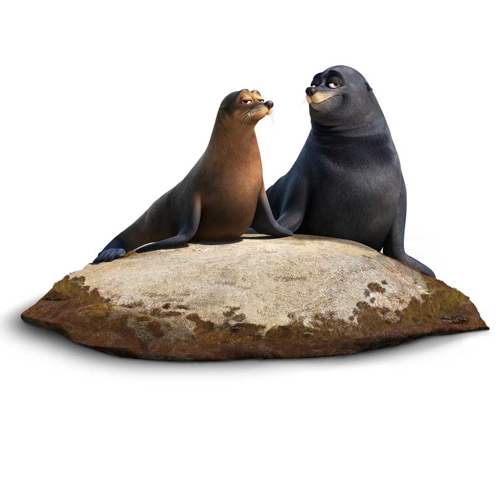 FINDING DORY - Pictured (L-R): RUDDER (voice of Dominic West) and FLUKE (voice of Idris Elba) are a pair of lazy sea lions who were rehabilitated at the Marine Life Institute. Marlin and Nemo find them snoozing on a warm—and highly coveted—rock just outside the center. These sea lions really enjoy their down time and would rather not be bothered mid nap—but their bark is far worse than their bite.. ©2016 Disney•Pixar. All Rights Reserved.