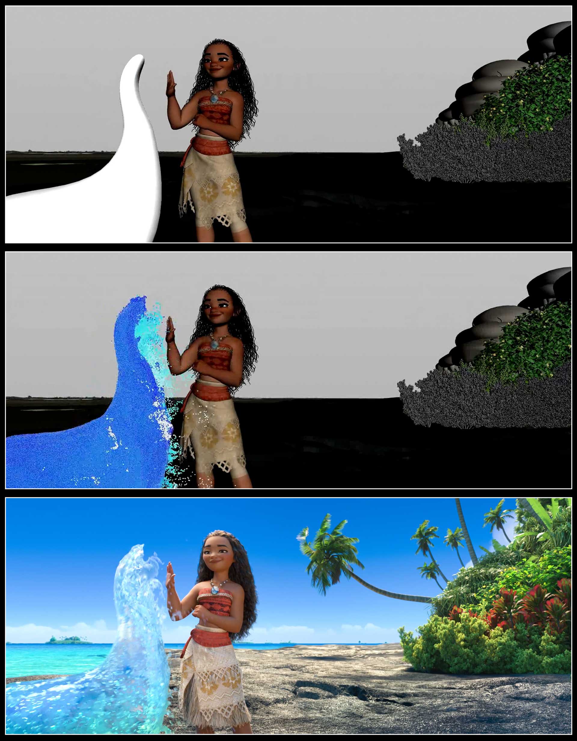 MOANA effects progression image, featuring Animation (top), Simulation (middle), and Render (bottom) passes.