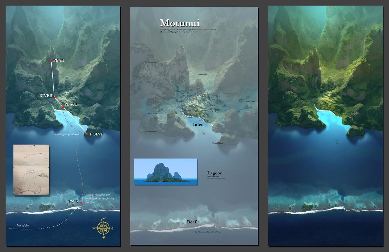 Visual development for the island of Motunui, and the layout of the village. Artist: Andy Harkness, MOANA Art Director, Environments and Color.