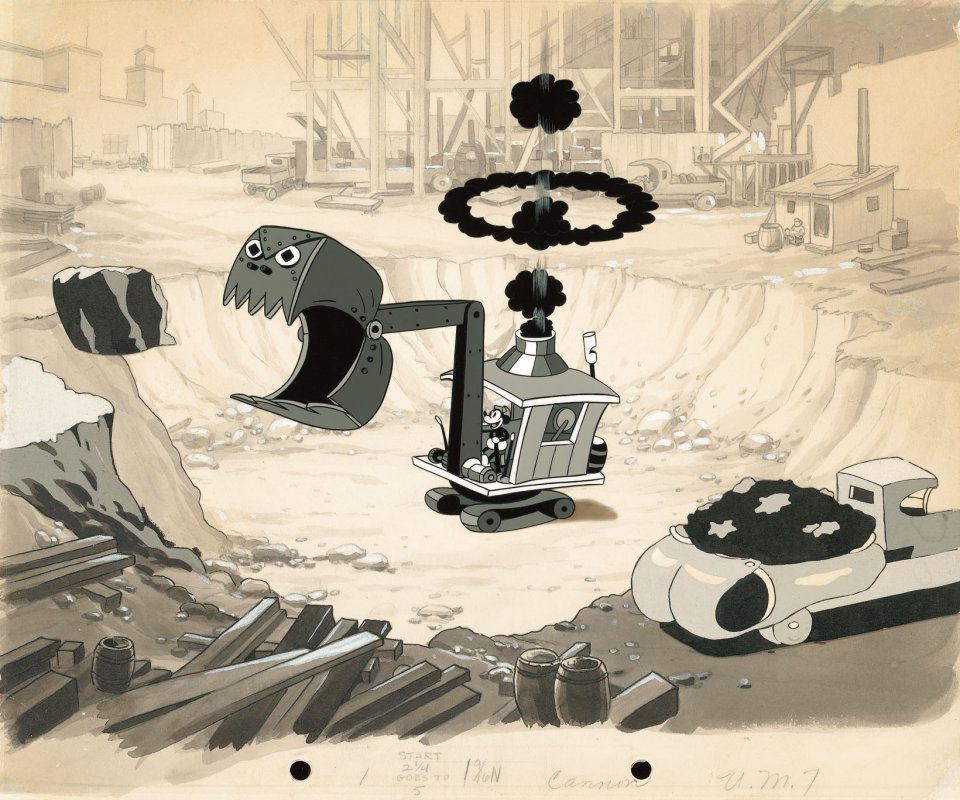 Mickey and his steam shovel hard at work in this cel setup from Building a Building (1933).