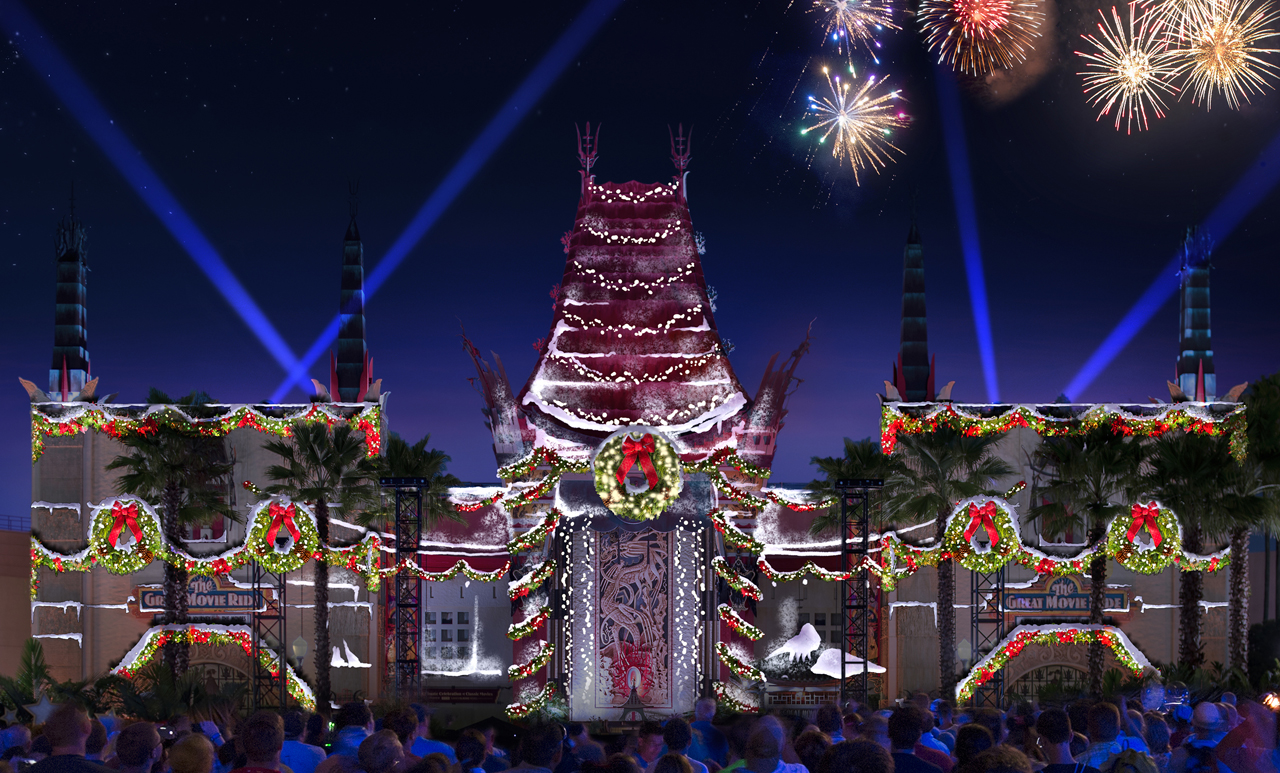The 2016 holidays season brings a all-new nighttime spectacular to Disney's Hollywood Studios with "Jingle Bell, Jingle BAM!." The facade of the Chinese Theater comes alive with state-of-the-art projections, and guests will experience special effects, fireworks and even snow on, above and around the theater. "Jingle Bell, Jingle BAM!" will run Nov. 14 to Dec. 31, 2016.  (David Roark, photographer)