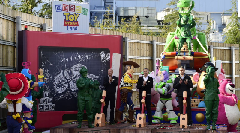 Bob Iger, Chairman and CEO of The Walt Disney Company (middle), Bob Chapek, Chairman of Walt Disney Parks and Resorts (left) and Fan Xiping, Chairman of Shanghai Shendi Group (right) recently broke ground on the new Toy Story Land at Shanghai Disneyland.